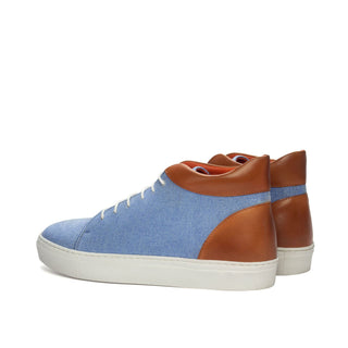 Ambrogio Bespoke Custom Men's Shoes Blue & Cognac Linen / Calf-Skin Leather High-Top Sneakers (AMB2134)-AmbrogioShoes