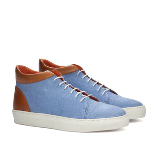 Ambrogio Bespoke Custom Men's Shoes Blue & Cognac Linen / Calf-Skin Leather High-Top Sneakers (AMB2134)-AmbrogioShoes