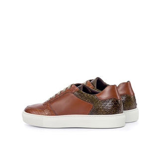 Ambrogio 4392 Bespoke Custom Men's Custom Made Shoes Brown, Cognac & Olive Exotic Snake-Skin / Calf-Skin Leather Casual Sneakers (AMB1873)-AmbrogioShoes