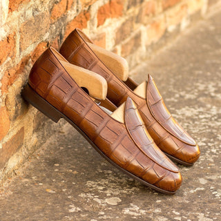 Ambrogio Bespoke Custom Men's Shoes Brown Exotic Alligator Belgian Loafers (AMB2189)-AmbrogioShoes