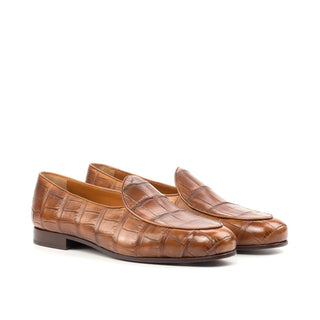 Ambrogio Bespoke Custom Men's Shoes Brown Exotic Alligator Belgian Loafers (AMB2189)-AmbrogioShoes
