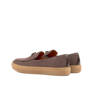Ambrogio Bespoke Custom Men's Shoes Brown Linen / Calf-Skin Leather Belgian Sneakers (AMB1966)-AmbrogioShoes