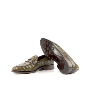Ambrogio Bespoke Custom Men's Shoes Brown & Olive Python / Crocodile Print / Calf-Skin Leather Loafers (AMB2210)-AmbrogioShoes