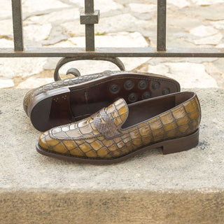 Ambrogio Bespoke Custom Men's Shoes Brown & Olive Python / Crocodile Print / Calf-Skin Leather Loafers (AMB2210)-AmbrogioShoes