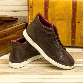 Ambrogio Bespoke Custom Men's Shoes Burgundy & Dark Brown Exotic Snake-Skin High-Top Sneakers (AMB1934)-AmbrogioShoes