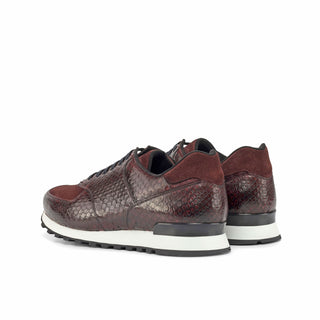 Ambrogio Bespoke Custom Men's Shoes Burgundy Exotic Python / Suede Leather Jogger Sneakers (AMB2207)-AmbrogioShoes