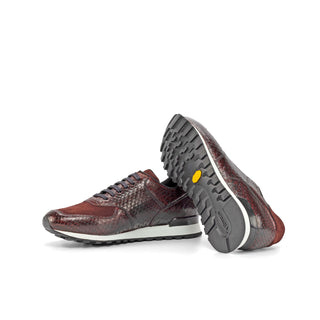 Ambrogio Bespoke Custom Men's Shoes Burgundy Exotic Python / Suede Leather Jogger Sneakers (AMB2207)-AmbrogioShoes