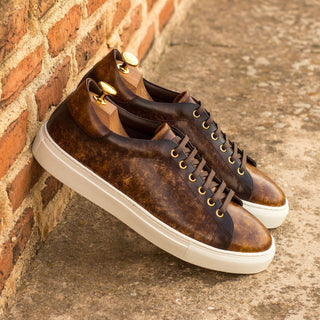 Ambrogio Bespoke Custom Men's Shoes Cognac & Brown Patina Leather Casual Sneakers (AMB1984)-AmbrogioShoes