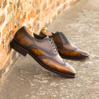 Ambrogio 4653 Bespoke Custom Men's Shoes Cognac & Brown Patina Leather Wingtip Oxfords (AMB1875)-AmbrogioShoes