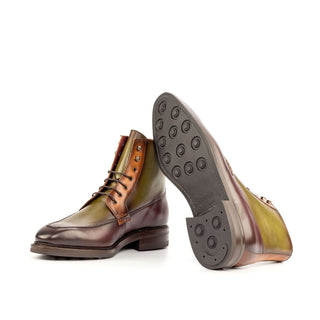 Ambrogio Bespoke Custom Men's Shoes Cognac, Burgundy & Olive Calf-Skin Leather Moccasin Boots (AMB1950)-AmbrogioShoes