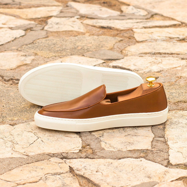 Ambrogio Bespoke Custom Men's Shoes Cognac Calf-Skin Leather Belgian Slip-On Sneakers (AMB2140)-AmbrogioShoes