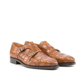 Ambrogio Bespoke Custom Men's Shoes Cognac Crocodile Print / Calf-Skin Leather Monk-Straps Loafers (AMB2195)-AmbrogioShoes