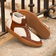 Ambrogio Bespoke Custom Men's Shoes Cognac & Ivory Suede / Calf-Skin Leather High-Top Sneakers (AMB2143)-AmbrogioShoes