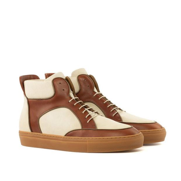 Ambrogio Bespoke Custom Men's Shoes Cognac & Ivory Suede / Calf-Skin Leather High-Top Sneakers (AMB2143)-AmbrogioShoes
