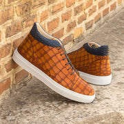 Ambrogio Bespoke Custom Men's Shoes Cognac & Navy Crocodile Print / Calf-Skin Leather High Top Sneakers (AMB2213)-AmbrogioShoes