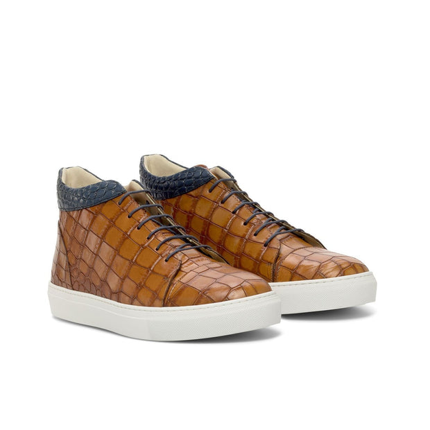 Ambrogio Bespoke Custom Men's Shoes Cognac & Navy Crocodile Print / Calf-Skin Leather High Top Sneakers (AMB2213)-AmbrogioShoes