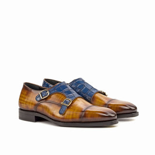 Ambrogio Bespoke Custom Men's Shoes Cognac & Navy Crocodile Print / Patina Leather Monk-Straps Loafers (AMB1912)-AmbrogioShoes