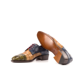 Ambrogio Bespoke Custom Men's Shoes Cognac, Navy & Olive Exotic Alligator Derby Oxfords (AMB2205)-AmbrogioShoes