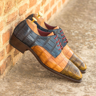 Ambrogio Bespoke Custom Men's Shoes Cognac, Navy & Olive Exotic Alligator Derby Oxfords (AMB2205)-AmbrogioShoes
