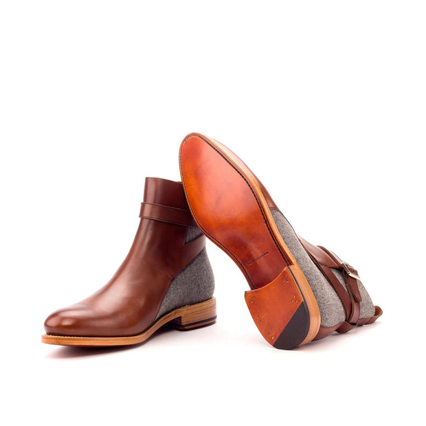 Ambrogio Bespoke Custom Men's Shoes Light Gray & Brown Flannel Fabric / Calf-Skin Leather Jodhpur Boots (AMB2108)-AmbrogioShoes