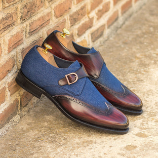 Ambrogio Bespoke Custom Men's Shoes Navy & Burgundy Jeans Fabric / Patina Leather Monk-Strap Loafers (AMB2194)-AmbrogioShoes