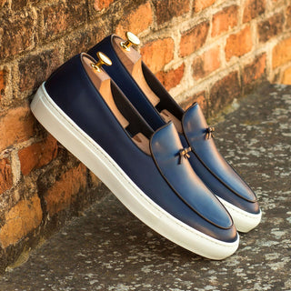 Ambrogio Bespoke Custom Men's Shoes Navy Calf-Skin Leather Belgian Slip-On Sneakers (AMB2138)-AmbrogioShoes