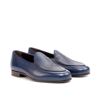 Ambrogio Bespoke Custom Men's Shoes Navy Exotic Snake-Skin / Full Grain Leather Belgian Loafers (AMB1967)-AmbrogioShoes