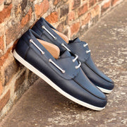 Ambrogio Bespoke Custom Men's Shoes Navy Full Grain Leather Boat Loafers (AMB2157)-AmbrogioShoes