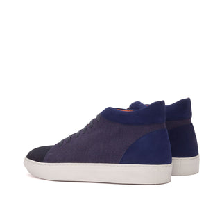 Ambrogio Bespoke Custom Men's Shoes Navy Linen / Suede / Calf-Skin Leather High-Top Sneakers (AMB2135)-AmbrogioShoes