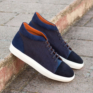 Ambrogio Bespoke Custom Men's Shoes Navy Linen / Suede / Calf-Skin Leather High-Top Sneakers (AMB2135)-AmbrogioShoes