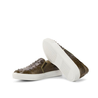 Ambrogio Bespoke Custom Men's Shoes Olive Exotic Ostrich Skin Slip-On Sneakers (AMB2214)-AmbrogioShoes