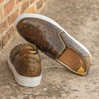 Ambrogio Bespoke Custom Men's Shoes Olive Exotic Ostrich Skin Slip-On Sneakers (AMB2214)-AmbrogioShoes