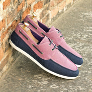 Ambrogio Bespoke Custom Men's Shoes Plum & Navy Linen Fabric Boat Loafers (AMB2156)-AmbrogioShoes