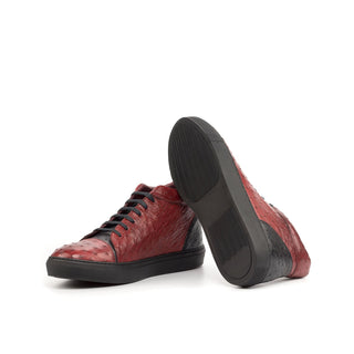 Ambrogio 4649 Bespoke Custom Men's Custom Made Shoes Red & Black Exotic Ostrich High-Top Sneakers (AMB1866)-AmbrogioShoes