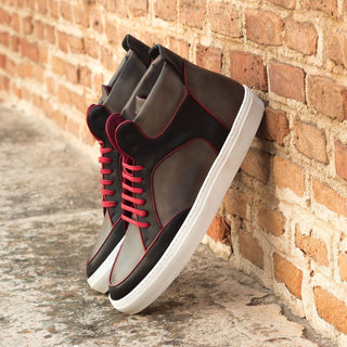Ambrogio Bespoke Custom Men's Shoes Red, Black & Gray Calf-Skin Leather High-Top Sneakers (AMB1914)-AmbrogioShoes