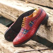 Ambrogio Bespoke Custom Men's Shoes Red Combination Tartan Fabric / Crocodile Print Leather Golf Longwing Blucher Oxfords (AMB2219)-AmbrogioShoes