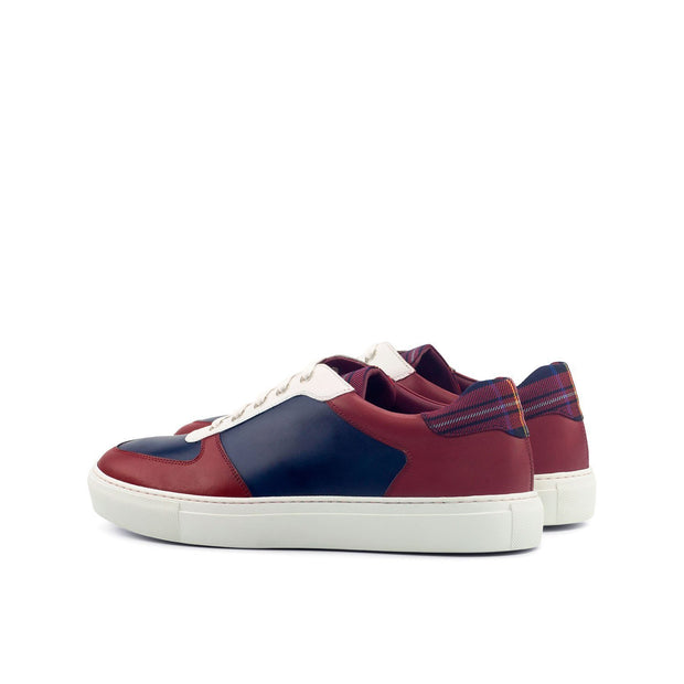 Ambrogio Bespoke Custom Men's Shoes Red, Navy & White Tartan Fabric / Calf-Skin Leather Trainer Sneakers (AMB2123)-AmbrogioShoes