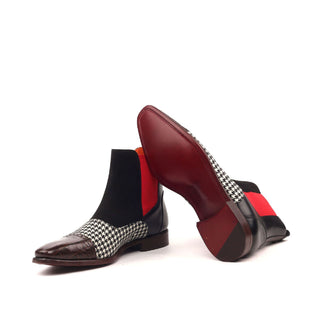 Ambrogio 2430 Bespoke Custom Men's Shoes White, Brown, Black & Red Fabric / Crocodile Print / Suede / Full Grain / Calf-Skin Leather Chelsea Boots (AMB1879)-AmbrogioShoes