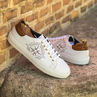 Ambrogio Bespoke Custom Men's Shoes White & Brown Crocodile Print / Calf-Skin Leather Stencil Trainer Sneakers (AMB2226)-AmbrogioShoes