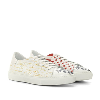 Ambrogio Bespoke Custom Men's Shoes White Calf-Skin Leather Stencil Trainer Sneakers (AMB2222)-AmbrogioShoes