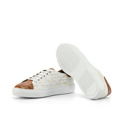 Ambrogio Bespoke Custom Men's Shoes White, Cognac & Brown Crocodile Print / Calf-Skin Leather Stencil Trainer Sneakers (AMB2224)-AmbrogioShoes