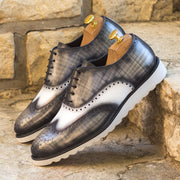 Ambrogio Bespoke Custom Men's Shoes White & Gray Patina / Calf-Skin Leather Full Brogue Oxfords (AMB2225)-AmbrogioShoes