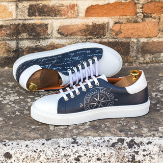 Ambrogio Bespoke Custom Men's Shoes White & Navy Calf-Skin Leather Stencil Trainer Sneakers (AMB2223)-AmbrogioShoes