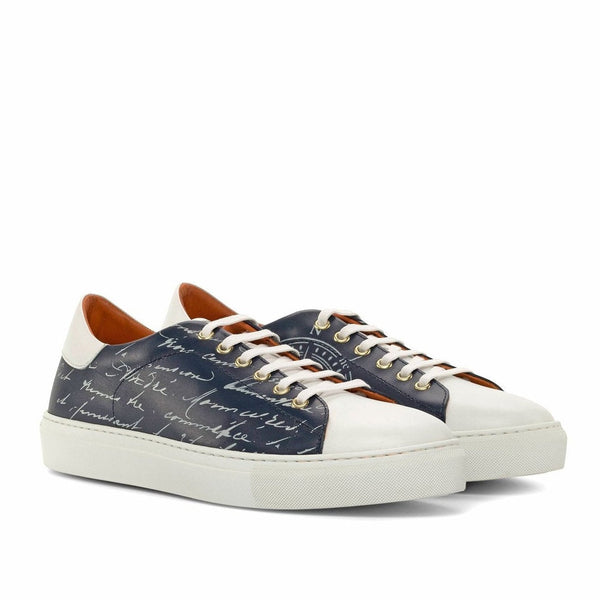 Ambrogio Bespoke Custom Men's Shoes White & Navy Calf-Skin Leather Stencil Trainer Sneakers (AMB2223)