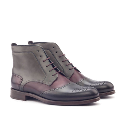 Ambrogio 3056 Bespoke Custom Women's Shoes Burgundy & Gray Calf-Skin Leather Brogue Boots (AMBW1039)-AmbrogioShoes