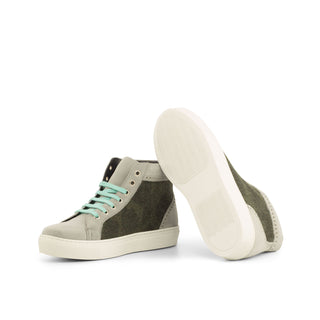 Ambrogio 4165 Bespoke Custom Women's Shoes Gray & Green Fabric / Suede Leather High-Top Sneakers (AMBW1004)-AmbrogioShoes
