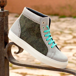 Ambrogio 4165 Bespoke Custom Women's Shoes Gray & Green Fabric / Suede Leather High-Top Sneakers (AMBW1004)-AmbrogioShoes