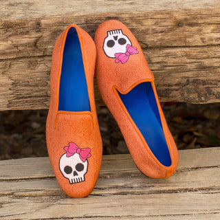 Ambrogio 3471 Bespoke Custom Women's Shoes Orange Linen / Suede Leather Audrey Loafers (AMBW1053)-AmbrogioShoes