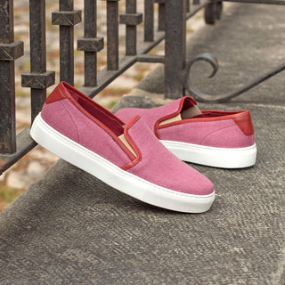 Ambrogio 4191 Bespoke Custom Women's Shoes Plum & Red Linen / Suede Leather Slip-On Sneakers (AMBW1009)-AmbrogioShoes