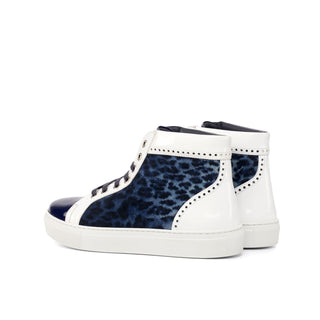 Ambrogio 4525 Bespoke Custom Women's Shoes White & Blue Fabric / Patent Leather High-Top Sneakers (AMBW1050)-AmbrogioShoes